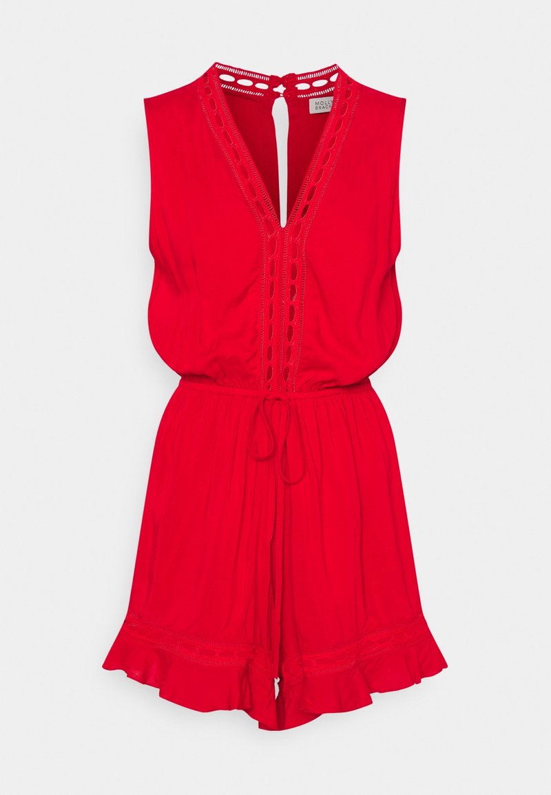 Combinaison rouge sans manches avec col en V, bordure décorative, ceinture à la taille et ourlet volanté sur les jambes courtes.