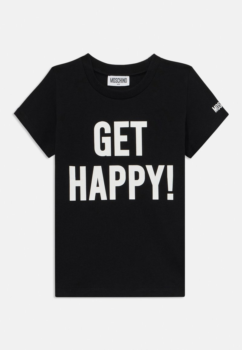 Juodas medvilninis marškinėliai su trumpomis rankovėmis, su ryškiu baltu užrašu "GET HAPPY!" priekyje ir "MOSCHINO" logotipu ant rankovės.