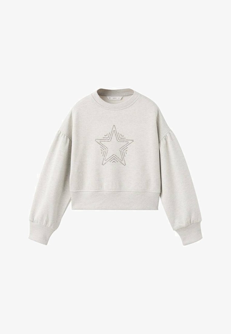 Světlé šedé krátké tričko s dlouhými nafouklými rukávy a hvězdným vzorem z malých děr uprostřed. Hladká textura a žebrované manžety.