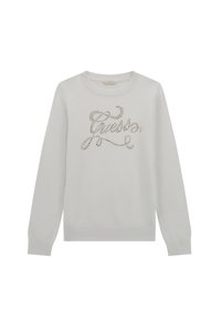 Light gray sweater featuring long sleeves and a crew neck with a design made of silver rhinestones spelling "Guesto" across the front.