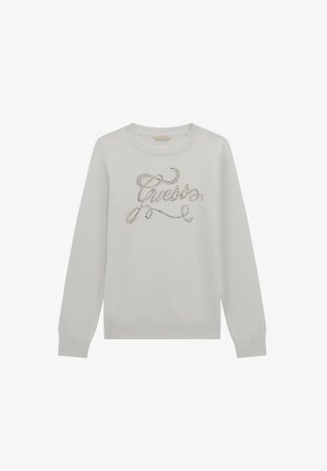 Maglione grigio chiaro con maniche lunghe e scollo rotondo, decorato con un design di strass argento che forma la scritta "Guesto" sul davanti.
