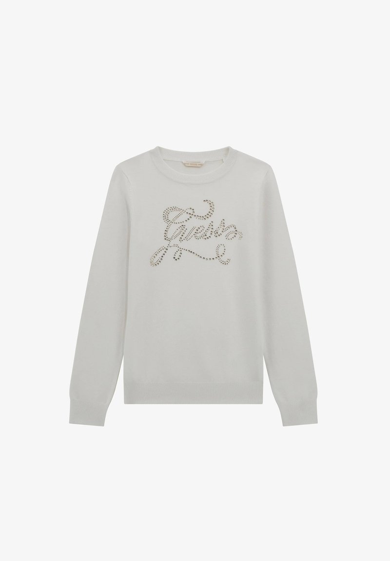 Maglione grigio chiaro con maniche lunghe e scollo rotondo, decorato con un design di strass argento che forma la scritta "Guesto" sul davanti.