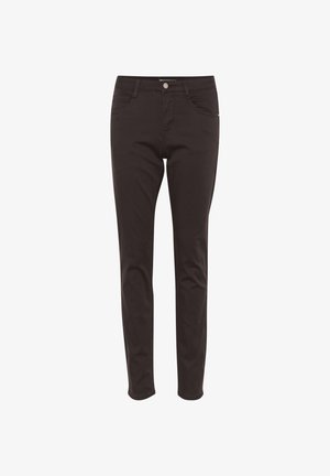 Črne denim tesne hlače z gladko teksturo, zasnovo s petimi žepi in sprednjim gumbom. Oblikovane za oprijet kroj.