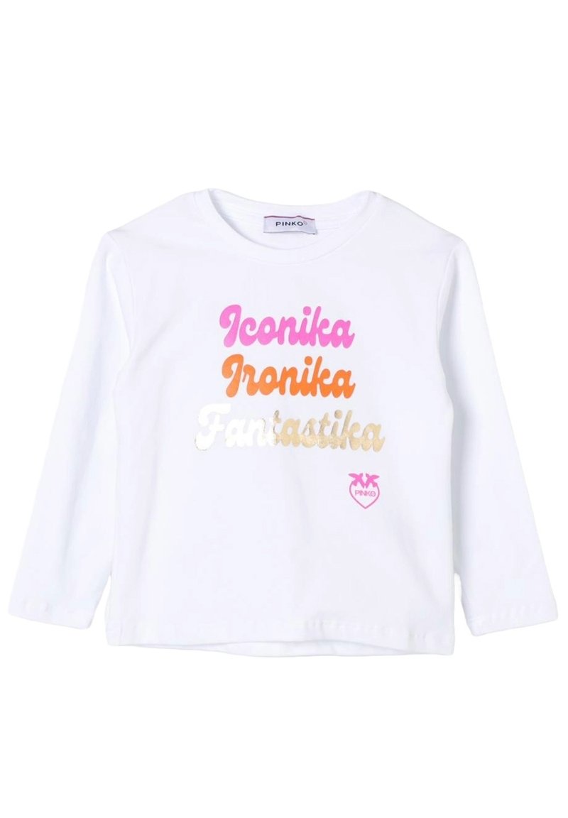 Camicia bianca a maniche lunghe con le parole "Iconika", "Ironika" e "Fantastika" in testo metallico rosa, arancione e oro.