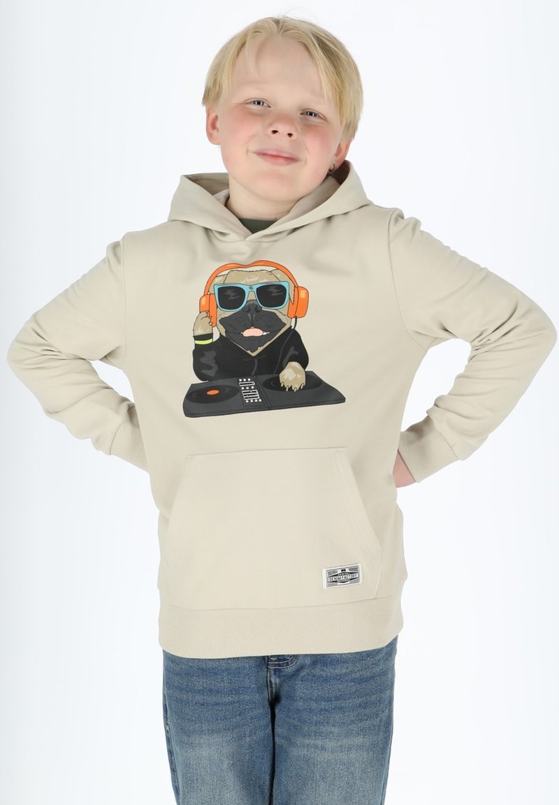 Felpa beige con cappuccio con un cartone animato di un bulldog francese che indossa cuffie e occhiali da sole. Tasca a canguro, polsini a coste e dettaglio dell'orlo. Tessuto morbido.