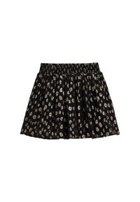 Fekete szoknya, elasztikus derékkal, mely ráncolt kialakítással rendelkezik, és fémes arany és ezüst leopárd foltokkal díszíti egy texturált mintázatban.