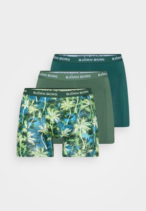 Kolm paari meeste bokserite aluspesu: üks palmivarrastega sinisel taustal, üks tume roheline ja üks keskmise rohelise tooniga. Elastsest materjalist BJÖRN BORG vöökoht.