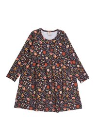 Langärmliges Kleid in Dunkelblau mit einem floralen Muster, das rote, orange, rosa und grüne Blumen zeigt; geraffte Taille; runder Ausschnitt.