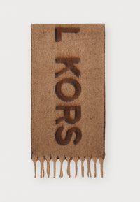 Écharpe en laine marron avec le texte "L KORS" dans une teinte plus foncée. Les bords frangés ajoutent de la texture et du détail. Design simple et rectangulaire.