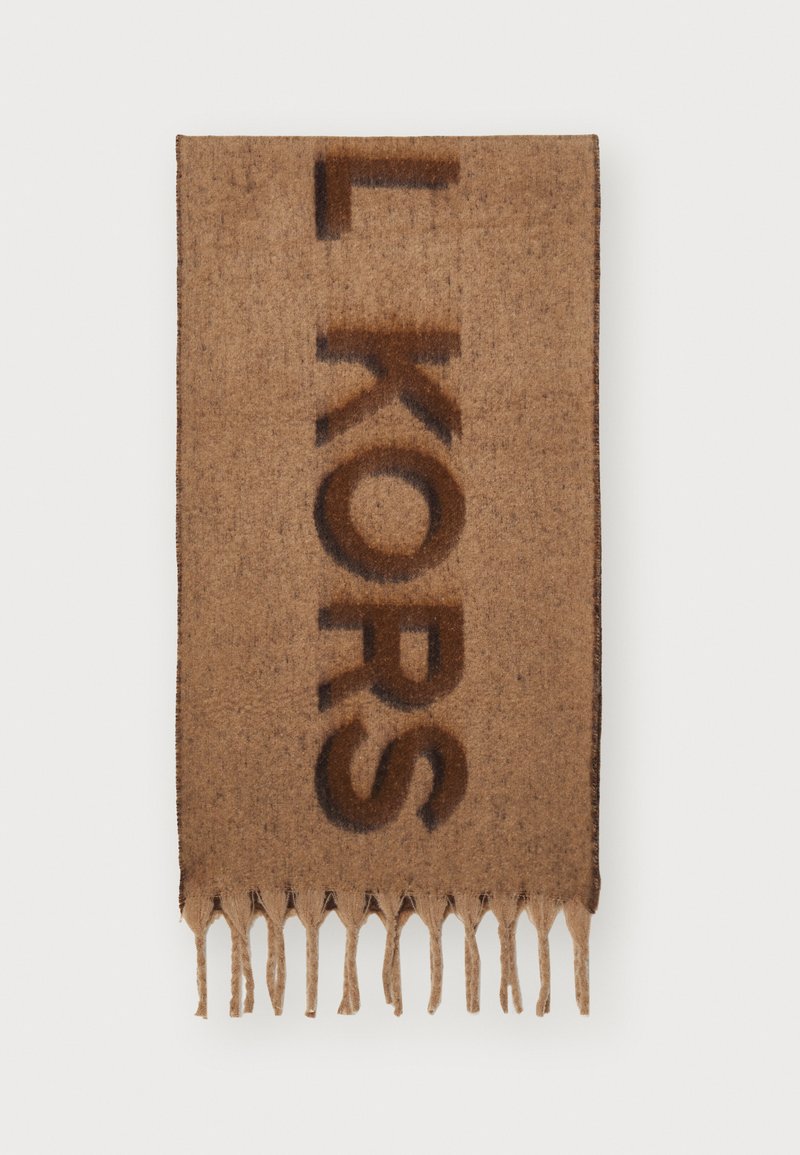 Écharpe en laine marron avec le texte "L KORS" dans une teinte plus foncée. Les bords frangés ajoutent de la texture et du détail. Design simple et rectangulaire.