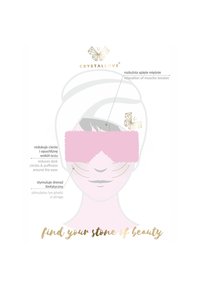 Różowa maska do spania z falistymi krawędziami, przedstawiona na zarysie twarzy. Zawiera tekst opisujący korzyści: relaksacja mięśni, zmniejszenie cieni pod oczami, drenaż limfatyczny.