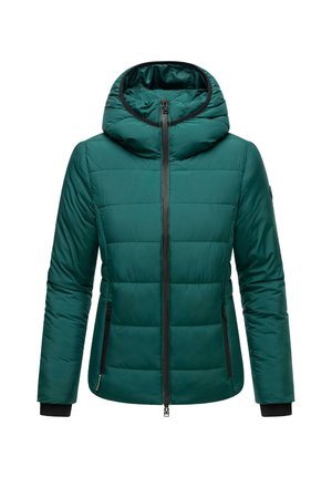 Turkusowa puchowa kurtka z wysokim kołnierzem, zapięciem na zamek, bocznymi kieszeniami i ściągaczami przy rękawach. Posiada pikowany wzór dla izolacji i gładką fakturę.