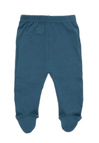 Soft blue baby pants with built-in footies and an elastic waistband, designed for comfort and warmth.