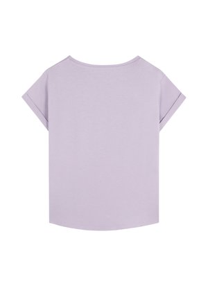 Camiseta de manga corta en color lila, con escote redondo y mangas enrolladas. Textura suave con una forma relajada y rectangular.