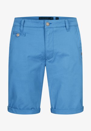 Pantaloni shorts in cotone blu con davanti piatto, dettagli cuciti, due tasche anteriori e orli arrotolati. Presenta due chiusure con bottone.