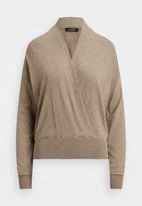 Pull beige à manches longues avec encolure en V profonde, dotée de poignets et d'un ourlet côtelés.