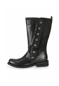 Botas negras hasta la rodilla hechas de cuero y gamuza. Cuentan con botones metálicos en el costado, punta redonda y un tacón bajo apilado.