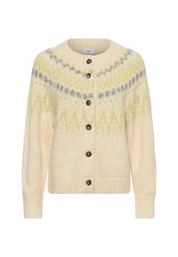 Cardigan tricotat crem cu guler rotund, închidere cu nasturi și un model geometric în verde deschis și gri pe umeri. Textură moale.