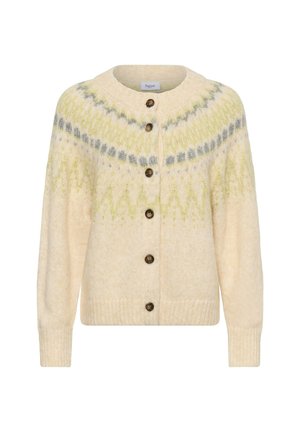 Cardigan lavorato a maglia crema con scollatura rotonda, chiusura con bottoni e un motivo geometrico in verde chiaro e grigio sulle spalle. Texture morbida.