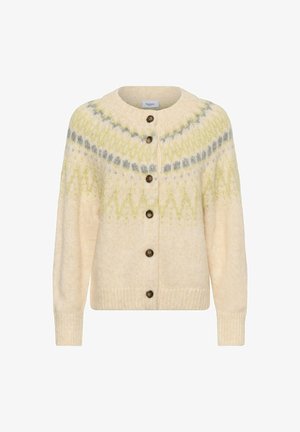 Kreminė megzta kardiganas su apvalia iškirpte, mygtukų uždarymu ir geometriniu raštu šviesiai žaliai ir pilkai per pečius. Minkšta tekstūra.