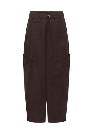 Donkerbruine, hoge taille cropped broek met knoop aan de voorkant, riemlussen, wijde pijpen en grote zijzakken.