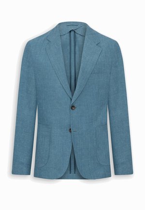 Maßgeschneiderter blauer Leinenblazer für Herren mit Kerbkragen, zwei Knöpfen und aufgesetzten Taschen, präsentiert vor weißem Hintergrund.
