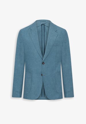 Maßgeschneiderter blauer Leinenblazer für Herren mit Kerbkragen, zwei Knöpfen und aufgesetzten Taschen, präsentiert vor weißem Hintergrund.