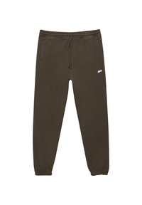 Olivgröna mjukisbyxor med elastisk midja, dragsko och två sidofickor. Har en vit logotyp på vänster lår.