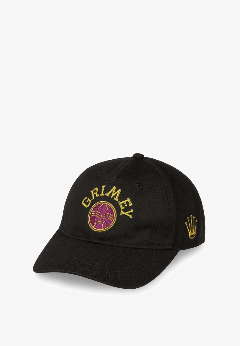 Zwarte katoenen pet met gele "GRIMEY" borduursel en een paarse cirkelvormige design met een gezicht. Inclusief een gouden kroonlogo aan de zijkant.