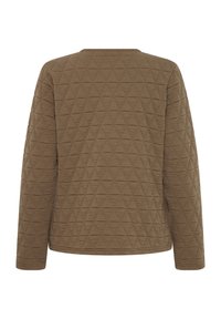 Jachetă maro matlasată cu mâneci lungi și un model geometric triunghiular, prezentată din spate pe un fundal alb.