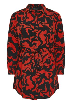 Rood en zwarte jurk met abstract golvend patroon, kraaghals, lange mouwen, knoopsluiting aan de voorkant en verstelbare strikceintuur.