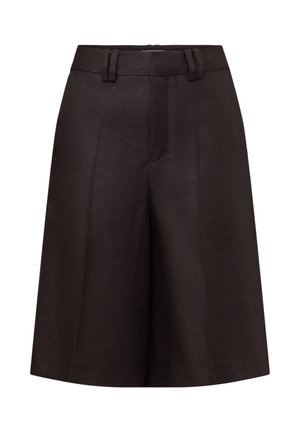 Dunkelbraune, hoch taillierte, maßgeschneiderte Shorts mit vorderen Falten, Gürtelschlaufen und verdecktem vorderem Verschluss.