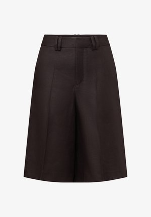 Dunkelbraune, hoch taillierte, maßgeschneiderte Shorts mit vorderen Falten, Gürtelschlaufen und verdecktem vorderem Verschluss.