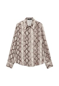 Camicia a stampa serpente marrone e beige con colletto a punta, maniche lunghe e chiusura frontale con bottoni. Tessuto morbido con un distintivo motivo a scaglie.