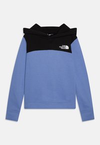 Hanorac cu glugă albastru și negru, cu un design color-block, dintr-un material moale din bumbac și cu un logo pe piept. Manșete și tiv ribed.