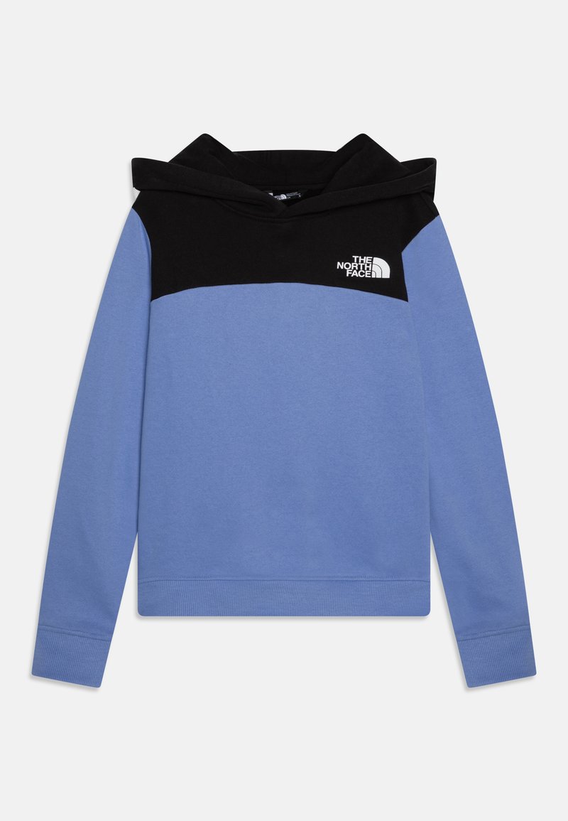 Hanorac cu glugă albastru și negru, cu un design color-block, dintr-un material moale din bumbac și cu un logo pe piept. Manșete și tiv ribed.