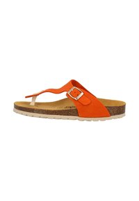 Orange suede flip-flop sandal featuring a toe post, adjustable buckle, and cork footbed with a textured rubber sole.