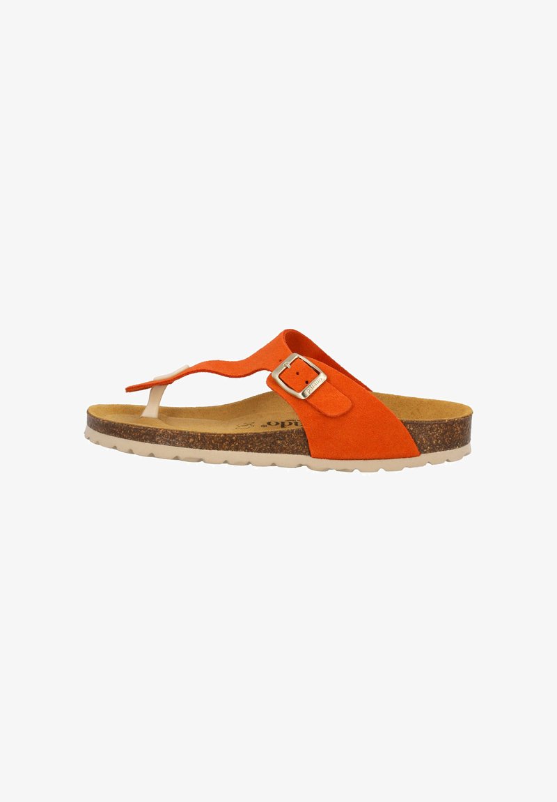 Orange ruskind flip-flop sandal med en tåpost, justerbar spænde og korksål med en struktureret gummisål.