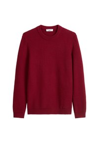 Roter gestrickter Pullover mit strukturiertem Muster, runder Ausschnitt, langen Ärmeln sowie gerippten Bündchen und Saum.