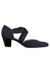 Chaussure bleu marine avec un bout arrondi, des brides croisées élastiques et un talon bloc de 5 cm en bois. Tige en tissu lisse avec une texture minimale.