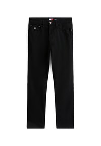 Jeans de mezclilla negra con corte recto, diseño de cinco bolsillos, cierre de botón de metal y una pequeña etiqueta con el logo en la parte posterior.