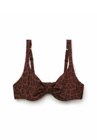 Bikini top s leopardím vzorem v hnědé a černé barvě, s širokými ramínky, středovým uzlem a hladkým povrchem. Nastavitelný háčkový uzávěr.