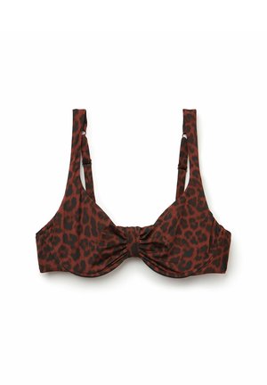 Bikini górna część w panterkę w odcieniach brązu i czerni, z szerokimi ramiączkami, detalem centralnego węzła i gładką fakturą. Regulowane zapięcie na hak.