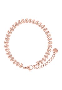 Bracciale in oro rosa con anelli a forma di foglia, chiusura a girello e catena regolabile con etichetta rotonda. Finitura metallica liscia.