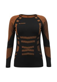 Black long-sleeve thermal top with orange geometric patterns and accents. Features a round neckline and fitted design for performance.