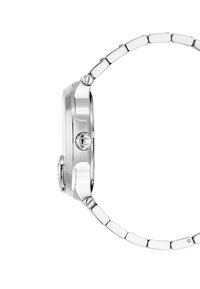 Sudraba nerūsējošā tērauda rokas pulkstenis ar apaļu korpusu, saistītu aproču dizainu un izteiksmīgu kroni. Gluda apdare ar atstarojošiem akcentiem.