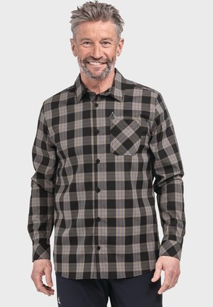 Men's plaid shirt featuring a black, brown, and grey color scheme, buttoned front, long sleeves, and a chest pocket with a plaid pattern.