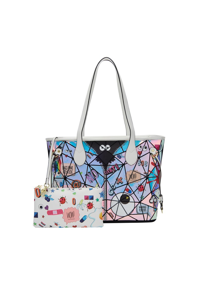 Geantă tip tote cu un model geometric în culori pastelate, având un accent negru, accesorii din metal argintiu și un pouch detasabil asortat cu desene grafice.