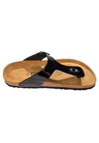 Sandalo infradito in vernice nera con una soletta in sughero sagomata e una fascia regolabile con un accento metallico. Suola con texture per una migliore aderenza.