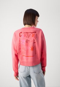 Sudadera corta rosa con un diseño gráfico que presenta formas y patrones abstractos en la parte posterior. Tejido suave, puños y cuello acanalados.
